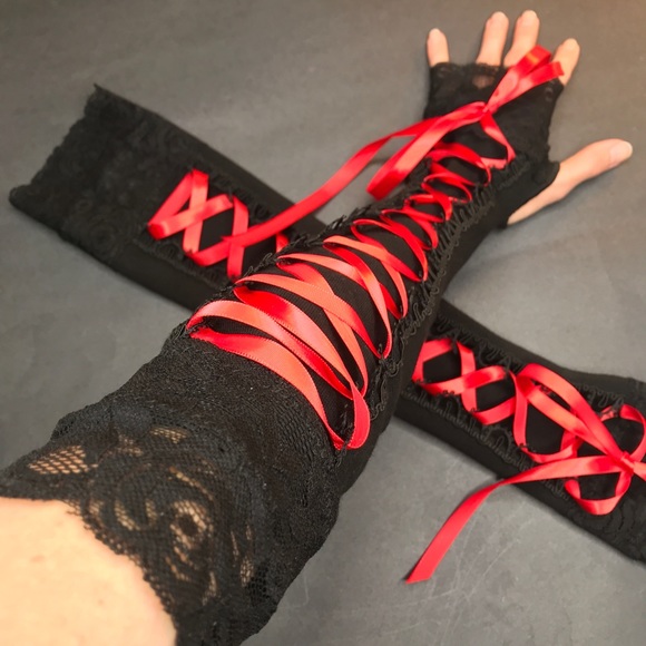 Black Corset Arm Warmers Red Lace Up Gloves Long Ribbon Gothic